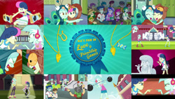 Size: 1280x721 | Tagged: safe, editor:quoterific, imported from derpibooru, bon bon, lyra heartstrings, princess luna, sweetie drops, bird, human, owl, peacock, all's fair in love and friendship games, equestria girls, adorabon, animal costume, barbell, best friends, bff, bon owl, clothes, costume, cute, female, lesbian, lyrabetes, lyrabird, lyrabon, phone book, shipping, statue, vice principal luna, weights