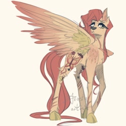 Size: 1556x1556 | Tagged: safe, artist:angsty-art-ist, imported from derpibooru, fluttershy, deer, deer pony, original species, pegasus, pony, alternate color palette, alternate cutie mark, alternate design, alternate hairstyle, chest feathers, cloven hooves, colored hooves, colored sketch, colored wings, female, long hair, long mane, long tail, multicolored wings, one wing out, raised hoof, redesign, scar, solo, species swap, spread wings, tail, tail feathers, tattoo, three quarter view, unshorn fetlocks, wings