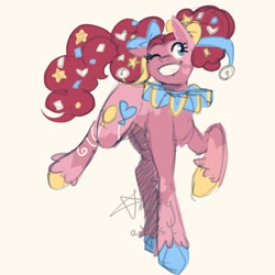 Size: 1417x1417 | Tagged: safe, artist:angsty-art-ist, imported from derpibooru, pinkie pie, earth pony, pony, accessory, afro puffs, alternate color palette, alternate cutie mark, alternate design, alternate hairstyle, bell, bow, colored sketch, confetti, female, glitter, hair bow, hair bun, hoof polish, markings, one eye closed, piebald coat, raised hoof, redesign, ruff (clothing), solo, unshorn fetlocks, wink