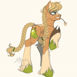 Size: 3464x3464 | Tagged: safe, artist:angsty-art-ist, imported from derpibooru, applejack, earth pony, pony, alternate color palette, alternate cutie mark, alternate design, alternate hairstyle, applejack's hat, braid, braided tail, coat markings, colored hooves, cowboy hat, female, food, freckles, hair tie, hat, hatless, missing accessory, raised hoof, redesign, smiling, socks (coat markings), solo, straw in mouth, tail, unshorn fetlocks, wheat