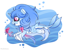 Size: 2000x1554 | Tagged: safe, artist:madelinne, imported from derpibooru, oc, oc only, fish, original species, shark, shark pony, unicorn, blue mane, bubble, chibi, digital art, dorsal fin, ethereal mane, fish tail, flowing mane, flowing tail, horn, ocean, open mouth, open smile, pink eyes, simple background, smiling, solo, starry mane, swimming, tail, teeth, underwater, unshorn fetlocks, water, white background