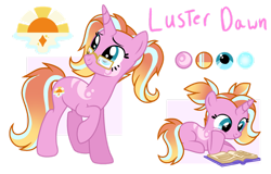 Size: 1118x715 | Tagged: safe, artist:chailicorice, artist:elementbases, imported from derpibooru, luster dawn, unicorn, alternate eye color, alternate hair color, base used, book, cutie mark, female, filly, filly luster dawn, foal, glasses, gradient mane, magical lesbian spawn, mare, offspring, parent:rainbow dash, parent:starlight glimmer, parents:glimmerdash, pigtails, ponytail, reading, reference sheet, self paradox, self ponidox, simple background, solo, transparent background, younger