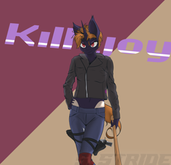 Size: 4894x4742 | Tagged: safe, artist:shade stride, imported from derpibooru, oc, oc:killjoy, anthro, bat pony, bat pony unicorn, hybrid, unicorn, fallout equestria, clothes, gun, horn, jacket, leather, leather jacket, looking at you, solo, standing, text, watermark, weapon