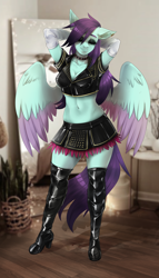 Size: 1600x2800 | Tagged: safe, artist:serodart, imported from derpibooru, oc, oc only, oc:#c0ffee, anthro, pegasus, plantigrade anthro, belly button, boots, breasts, choker, cleavage, clothes, commission, cosplay, costume, emo, eyes closed, female, makeup, mirror, pegasus oc, piercing, room, rule 63, shoes, skirt, solo, wings, yakuza