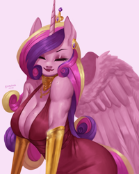 Size: 2808x3508 | Tagged: safe, artist:nire, imported from derpibooru, princess cadance, alicorn, anthro, absolute cleavage, adorasexy, beauty mark, breasts, busty princess cadance, cleavage, clothes, crown, cute, dress, ear piercing, earring, eyes closed, eyeshadow, female, horn, jewelry, lipstick, makeup, mole, necklace, piercing, regalia, sexy, solo, stupid sexy princess cadance, tail, wings