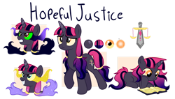Size: 1188x673 | Tagged: safe, artist:chailicorice, artist:elementbases, artist:raini-bases, imported from derpibooru, oc, oc only, oc:hopeful justice, unicorn, blue eyes, book, colored sclera, cutie mark, fangs, female, filly, foal, gradient hair, gradient horn, gradient mane, gradient tail, horn, lying down, mare, offspring, orange eyes, parent:king sombra, parent:twilight sparkle, parents:twibra, ponytail, reading, reference sheet, simple background, solo, sombra eyes, sparkly mane, starry hair, starry tail, tail, transparent background, unicorn oc, walking