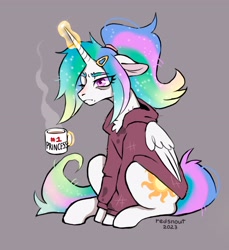 Size: 3298x3593 | Tagged: safe, artist:redsnout, imported from derpibooru, princess celestia, alicorn, pony, bed mane, chest fluff, clothes, ethereal mane, ethereal tail, female, floppy ears, g4, glowing, glowing horn, gray background, grumpy, hoodie, horn, magic, mare, morning ponies, mug, simple background, solo, tail, telekinesis