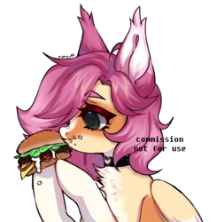 Size: 2048x2087 | Tagged: safe, artist:ruru_01, imported from derpibooru, oc, oc only, hybrid, pegasus, pony, burger, chest fluff, food, hamburger, simple background, solo, white background
