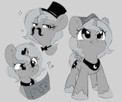 Size: 1200x998 | Tagged: safe, artist:melodylibris, imported from derpibooru, princess luna, alicorn, pony, moonstuck, bowtie, confused, crown, cute, fake moustache, female, filly, foal, grayscale, hat, jewelry, lunabetes, map, monochrome, monocle, question mark, regalia, smiling, solo, sparkles, top hat, woona, younger