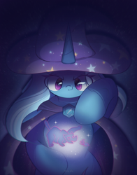 Size: 1800x2300 | Tagged: safe, artist:miryelis, derpibooru exclusive, imported from derpibooru, trixie, bear, pony, unicorn, ursa, ursa major, cape, cloak, clothes, focus, gem, hat, horn, magic, short hair, simple background, smiling, solo, stars, trixie's cape, trixie's hat