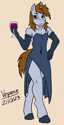 Size: 1381x2683 | Tagged: safe, artist:vesperce, imported from derpibooru, oc, oc:littlepip, anthro, fallout equestria, alcohol, clothes, crossdressing, dress, rule 63, solo, wine