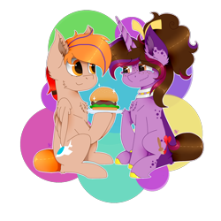 Size: 1300x1300 | Tagged: safe, artist:kathepart, imported from derpibooru, oc, oc only, oc:fededash, oc:kathepaint, pegasus, pony, unicorn, brown eyes, burger, collar, food, freckles, hair bun, hamburger, horn, orange eyes, pegasus oc, simple background, sitting, transparent background, unicorn oc