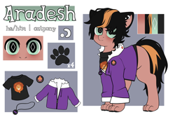 Size: 3000x2000 | Tagged: safe, artist:etoz, imported from derpibooru, oc, oc only, oc:aradesh, cat, cat pony, dinosaur, lion, original species, badge, cat ears, clothed ponies, clothes, ear piercing, earring, emotionless, hood, hoodie, jewelry, male, paw pads, paws, pendant, piercing, reference sheet, shirt, solo, stallion, t-shirt, text, two toned hair