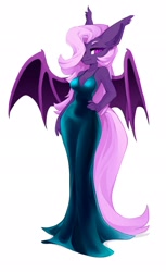 Size: 1255x2048 | Tagged: safe, artist:shooshaa, imported from derpibooru, oc, oc only, oc:lilac night, anthro, bat pony, unguligrade anthro, beautiful, beautiful eyes, beautiful hair, beautisexy, breasts, cleavage, clothes, colored pupils, dress, evening gown, female, green dress, hair over one eye, hand on hip, looking at you, pink hair, purple eyes, sexy, simple background, smiling, solo, stupid sexy oc, white background