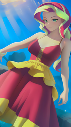 Size: 864x1536 | Tagged: safe, editor:sammykun, imported from derpibooru, sunset shimmer, human, ai content, ai generated, bare shoulders, beautiful, breasts, busty sunset shimmer, clothes, crepuscular rays, dress, female, frilly dress, generator:novelai, generator:stable diffusion, lighting, looking at you, ocean, shadows, sleeveless, solo, underwater, water