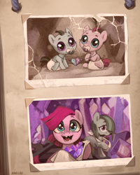 Size: 1501x1875 | Tagged: safe, artist:jewellier, imported from derpibooru, part of a set, marble pie, pinkie pie, earth pony, pony, series:ask the pie sisters, ask, baby, baby pie, baby pony, crystal, cute, cuteamena, daaaaaaaaaaaw, diaper, diapinkes, female, filly, filly marble pie, filly pinkie pie, foal, hair over eyes, hair over one eye, happy, heart, missing teeth, old photo, part of a series, photo album, pickaxe, pie sisters, pie twins, pinkamena diane pie, siblings, sisters, twins, younger