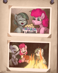 Size: 1501x1875 | Tagged: safe, artist:jewellier, imported from derpibooru, part of a set, limestone pie, marble pie, pinkie pie, earth pony, pony, series:ask the pie sisters, accordion, ask, birthday cake, birthday candles, cake, campfire, candle, cute, daaaaaaaaaaaw, female, filly, filly marble pie, filly pinkie pie, fire, foal, food, hair over eyes, hair over one eye, happy, marbles, missing teeth, musical instrument, old photo, part of a series, photo album, pie sisters, pie twins, siblings, singing, sisters, twins, younger
