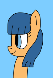 Size: 428x634 | Tagged: safe, artist:daisypie356, imported from derpibooru, first base, pegasus, pony, adorabase, blue background, cute, female, filly, first base's different manes, foal, g4, long hair, long mane, pegasus first base, race swap, simple background, smiling, solo, tomboy