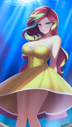 Size: 864x1536 | Tagged: safe, editor:sammykun, imported from derpibooru, sunset shimmer, human, ai content, ai generated, bare shoulders, beautiful, breasts, busty sunset shimmer, clothes, crepuscular rays, dress, female, frilly dress, generator:novelai, generator:stable diffusion, lighting, looking at you, ocean, shadows, sleeveless, solo, strapless, underwater, water
