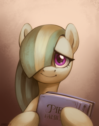 Size: 1100x1400 | Tagged: safe, alternate version, artist:jewellier, imported from derpibooru, marble pie, earth pony, pony, abstract background, book, bust, female, hair over eyes, hair over one eye, hoof hold, looking at you, mare, photo album, portrait, smiling, solo
