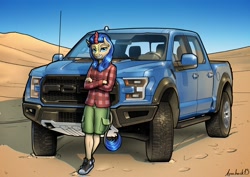 Size: 2048x1448 | Tagged: safe, artist:apocheck13, imported from derpibooru, oc, oc only, oc:cobalt flame, anthro, kirin, anthro oc, car, clothes, converse, flannel shirt, ford, kirin oc, looking at you, male, shoes, shorts, smiling, smiling at you, solo