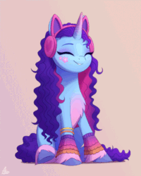 Size: 480x600 | Tagged: safe, artist:luminousdazzle, artist:szafir87, edit, imported from derpibooru, pony, unicorn, accessory, alternate hairstyle, animated, belly, bracelet, chest fluff, cute, face paint, g5, gif, headphones, jewelry, loop, misty brightdawn, mistybetes, perfect loop, simple background, sitting, smiling, solo, unshorn fetlocks, wavy mane