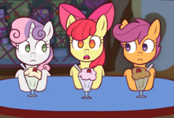 Size: 1000x677 | Tagged: safe, alternate version, artist:memethyst-art, imported from derpibooru, apple bloom, scootaloo, sweetie belle, earth pony, pegasus, pony, unicorn, one bad apple, apple bloom's bow, babs seed song, bow, cutie mark crusaders, februpony, female, filly, foal, hair bow, looking at you, milkshake, scene interpretation, table