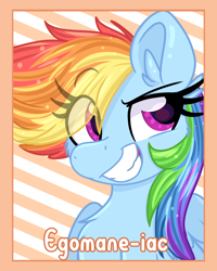 Size: 1200x1500 | Tagged: safe, artist:lbrcloud, imported from derpibooru, rainbow dash, pegasus, pony, badge, bust, caption, female, mare, portrait, solo, striped background, text