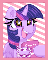 Size: 1200x1500 | Tagged: safe, artist:lbrcloud, imported from derpibooru, twilight sparkle, alicorn, pony, badge, bust, female, mare, portrait, solo, starry eyes, striped background, twilight sparkle (alicorn), wingding eyes