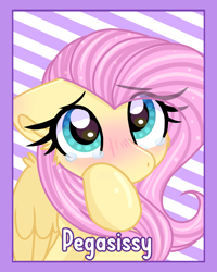 Size: 1200x1500 | Tagged: safe, artist:lbrcloud, imported from derpibooru, fluttershy, pegasus, pony, badge, blushing, bust, cute, daaaaaaaaaaaw, female, hoof on face, mare, portrait, shyabetes, solo, striped background, teary eyes