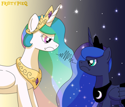Size: 1312x1126 | Tagged: safe, artist:fruiitypieq, artist:shycookieq, imported from derpibooru, princess celestia, princess luna, alicorn, pony, a royal problem, angry, duo, ethereal mane, eye contact, female, glare, gradient background, looking at each other, looking at someone, starry mane