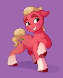Size: 918x1143 | Tagged: safe, artist:malarkey, imported from derpibooru, sprout cloverleaf, earth pony, pony, blushing, colored sketch, g5, male, purple background, simple background, solo, stallion