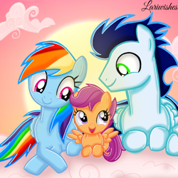 Size: 1400x1400 | Tagged: safe, artist:mlplary6, imported from derpibooru, rainbow dash, scootaloo, soarin', pegasus, pony, cloud, female, filly, foal, happy, lying down, male, mare, scootalove, shipping, sibling love, siblings, sisters, smiling, snuggling, soarindash, stallion, straight, sun, sunset