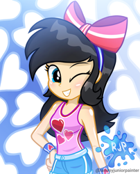 Size: 2015x2490 | Tagged: safe, artist:rjp.rammy, imported from derpibooru, oc, oc:samantha, human, equestria girls, bow, clothes, female, hair bow, one eye closed, shirt, shorts, solo, wink