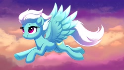 Size: 3840x2160 | Tagged: safe, artist:confetticakez, imported from derpibooru, fleetfoot, pegasus, pony, cloud, flying, smiling, solo, spread wings, windswept mane, wings