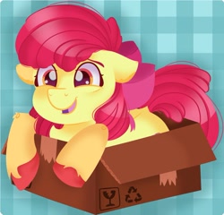 Size: 1233x1183 | Tagged: safe, artist:shyflypon, imported from derpibooru, apple bloom, earth pony, pony, adorabloom, box, cute, female, filly, foal, if i fits i sits, open mouth, patterned background, pony in a box, solo, unshorn fetlocks