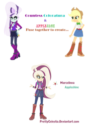 Size: 960x1344 | Tagged: safe, artist:prettycelestia, imported from twibooru, applejack, coloratura, belt buckle, blonde hair, boots, clothes, countess coloratura, eyeshadow, fusion, green eyes, high heel boots, image, jacket, makeup, png, ponytail, shoes, striped mane