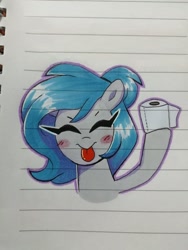 Size: 720x960 | Tagged: safe, artist:darkynez, imported from derpibooru, oc, oc only, oc:spooky glare, pony, blushing, eyes closed, lined paper, raspberry, solo, toilet paper roll, tongue out, traditional art