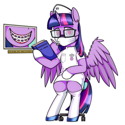 Size: 3900x3900 | Tagged: safe, artist:dacaoo, imported from derpibooru, twilight sparkle, alicorn, pony, alternate universe, book, braces, brainwashed, brainwashing, chair, clothes, cutie mark eyes, cutie mark on clothes, dentist, dentist fetish, doctor, dress, ear piercing, earring, glasses, gloves, hat, high heels, holding, horn, hypnolight sparkle, hypnosis, hypnotized, jewelry, latex, latex clothes, latex dress, latex gloves, latex socks, latex stockings, leaning, mask, name tag, nerd, nurse hat, photo, picture, picture frame, piercing, reading, shoes, simple background, sitting, socks, solo, spread wings, standing on two hooves, stockings, surgical mask, swirly eyes, text, textbook, thigh highs, tooth, twilight sparkle (alicorn), uniform, white background, wing jewelry, wing piercing, wingding eyes, wings