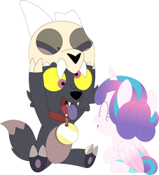 Size: 3241x3563 | Tagged: safe, artist:porygon2z, imported from derpibooru, princess flurry heart, alicorn, pony, broken horn, collar, crossover, cute, derp, duo, female, flurrybetes, foal, funny face, horn, king clawthorne, male, pet tag, show accurate, silly face, simple background, skull, the owl house, titan, tongue out, transparent background, vector