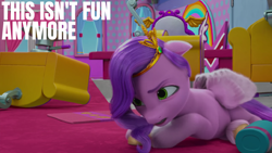 Size: 2000x1125 | Tagged: safe, edit, edited screencap, editor:quoterific, imported from derpibooru, screencap, pipp petals, pegasus, pony, spoiler:my little pony: make your mark, spoiler:my little pony: make your mark chapter 2, spoiler:myms01e04, ali-conned, coat markings, female, g5, headband, jewelry, mare, messy, my little pony: make your mark, my little pony: make your mark chapter 2, open mouth, regalia, sad, socks (coat markings), solo, wings