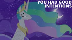 Size: 1920x1080 | Tagged: safe, edit, edited screencap, editor:quoterific, imported from derpibooru, screencap, princess celestia, alicorn, pony, horse play, crescent moon, crown, ethereal mane, eyes closed, female, jewelry, mare, moon, night, open mouth, peytral, regalia, solo, sparkles, stars