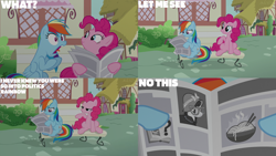 Size: 4400x2475 | Tagged: safe, edit, edited screencap, editor:quoterific, imported from derpibooru, screencap, a.k. yearling, pinkie pie, rainbow dash, earth pony, pegasus, pony, daring done?, bench, book, bowl, chopsticks, clothes, duo focus, female, food, frown, glasses, grin, hat, lidded eyes, mare, newspaper, noodles, open mouth, question mark, rainbow dash is best facemaker, reading, robe, shocked, shocked expression, smiling