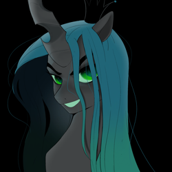 Size: 2048x2048 | Tagged: safe, artist:aztrial, imported from derpibooru, queen chrysalis, changeling, changeling queen, black background, crown, female, grin, jewelry, regalia, simple background, smiling, solo