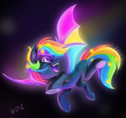 Size: 2048x1927 | Tagged: safe, artist:brdte, imported from derpibooru, oc, oc only, oc:prism star, bat pony, pony, bat pony oc, colored wings, fangs, flying, glowing, multicolored hair, multicolored wings, open mouth, open smile, rainbow hair, rainbow wings, signature, smiling, solo, spread wings, underhoof, wings