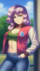 Size: 864x1536 | Tagged: safe, editor:sammykun, imported from derpibooru, sweetie belle, human, equestria girls, ai assisted, ai content, ai generated, beautiful, beautiful eyes, beautiful hair, belly button, breasts, cleavage, clothes, colored pupils, column, cute, denim, female, generator:novelai, generator:stable diffusion, green eyes, humanized, jacket, jeans, looking at you, midriff, older, older sweetie belle, pants, pockets, red hair, reference used, smiling, solo, varsity jacket