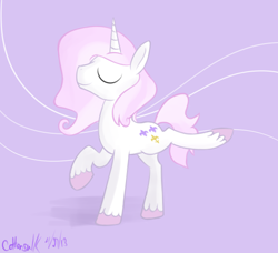 Size: 500x455 | Tagged: safe, artist:cottonsulk, imported from derpibooru, fleur-de-lis, pony, unicorn, eyes closed, male, purple background, raised leg, rule 63, simple background, solo, stallion