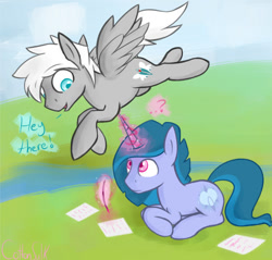 Size: 500x478 | Tagged: safe, artist:cottonsulk, imported from derpibooru, oc, oc only, oc:beryl, oc:zephyr wing, pegasus, pony, unicorn, duo, magic, male, paper, quill, stallion, telekinesis