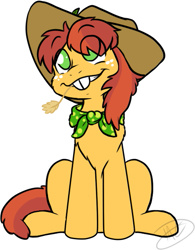 Size: 467x598 | Tagged: artist needed, safe, imported from derpibooru, oc, oc only, oc:half-baked apple, pony, hat, male, simple background, sitting, solo, stallion, straw in mouth, white background