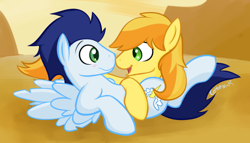 Size: 500x285 | Tagged: safe, artist:cottonsulk, imported from derpibooru, braeburn, soarin', earth pony, pegasus, pony, blushing, gay, looking at each other, looking at someone, lying down, male, nose to nose, on back, shipping, soarburn, stallion